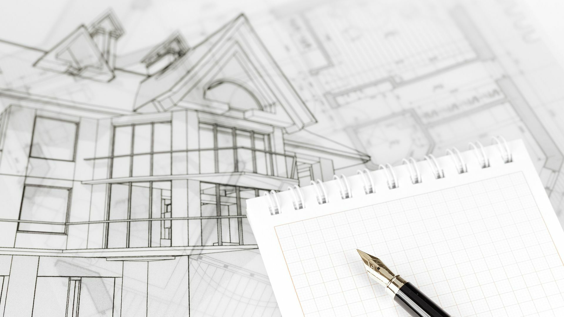 Bauplan und Architektur-Entwurf eines Hauses, ein Block Millimeterpapier und ein Füller